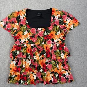 RQT Vintage Square Neck Tiered Blouse Women's Medium Floral Short Sleeve 90s